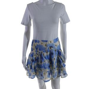 Interstyle Women's Smocked Tiered Lined Flare Blue Floral Mini Skirt Size M
